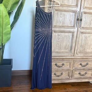 Elegant Navy One-Shoulder Beaded Maxi Dress